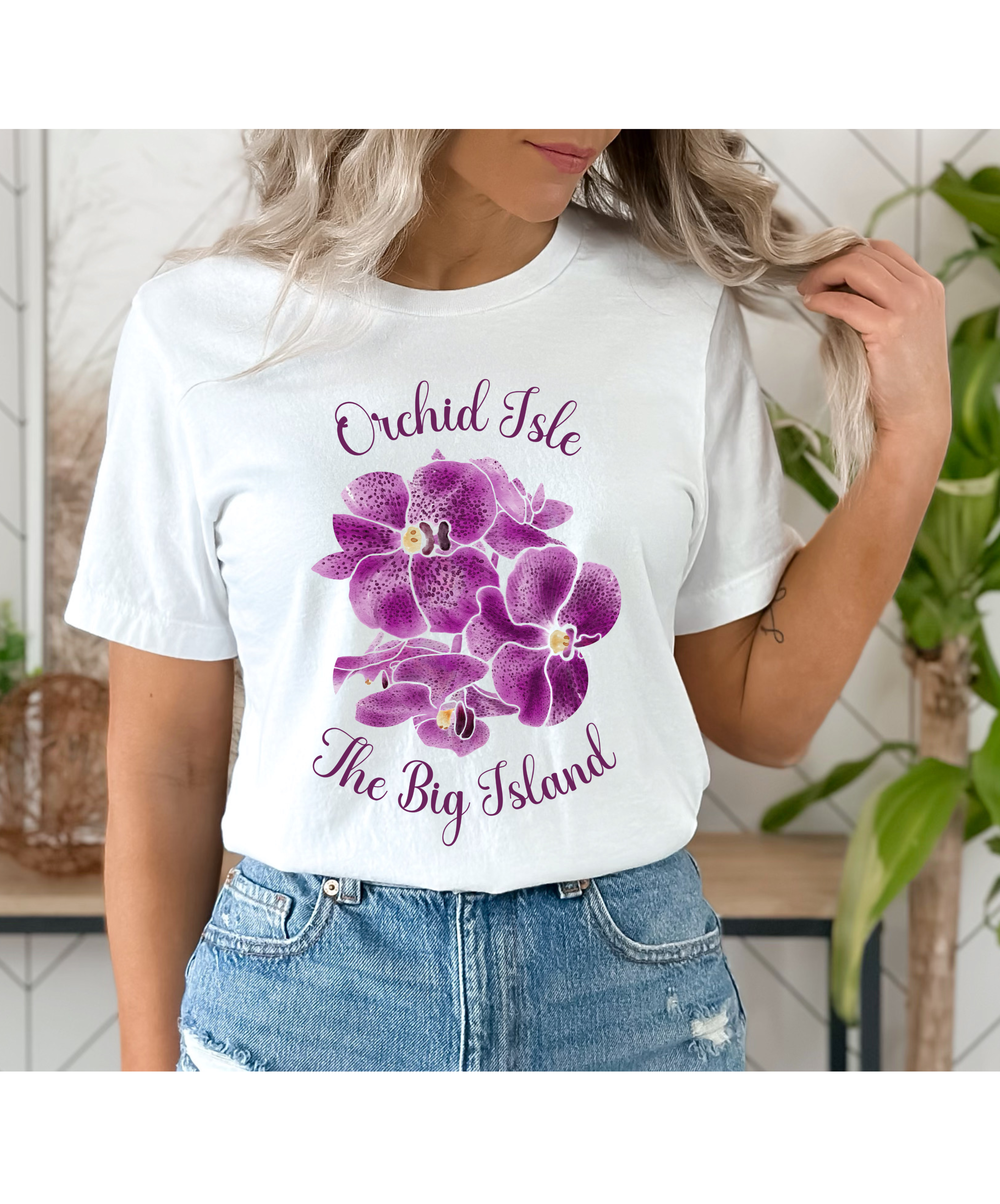 Orchid Shirt, The Big Island, with purple orchids design, unisex tee