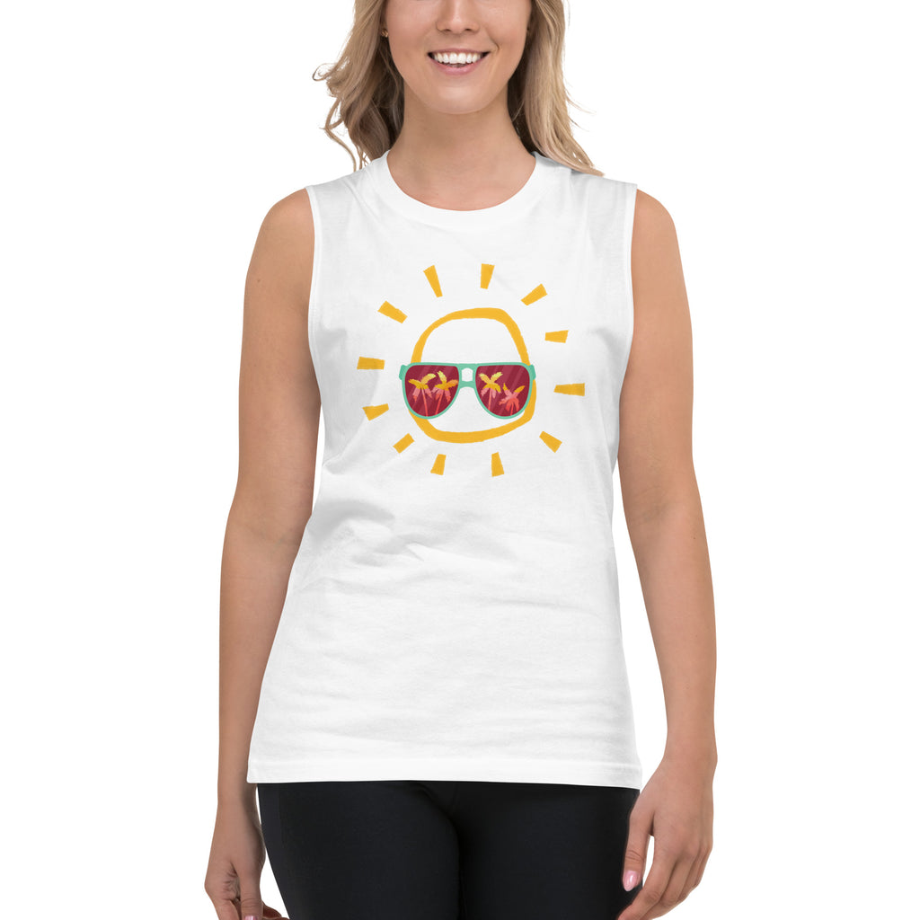 Sunglasses tropical muscle shirt, mens tropical muscle tank,  womens beach muscle tank, white tank