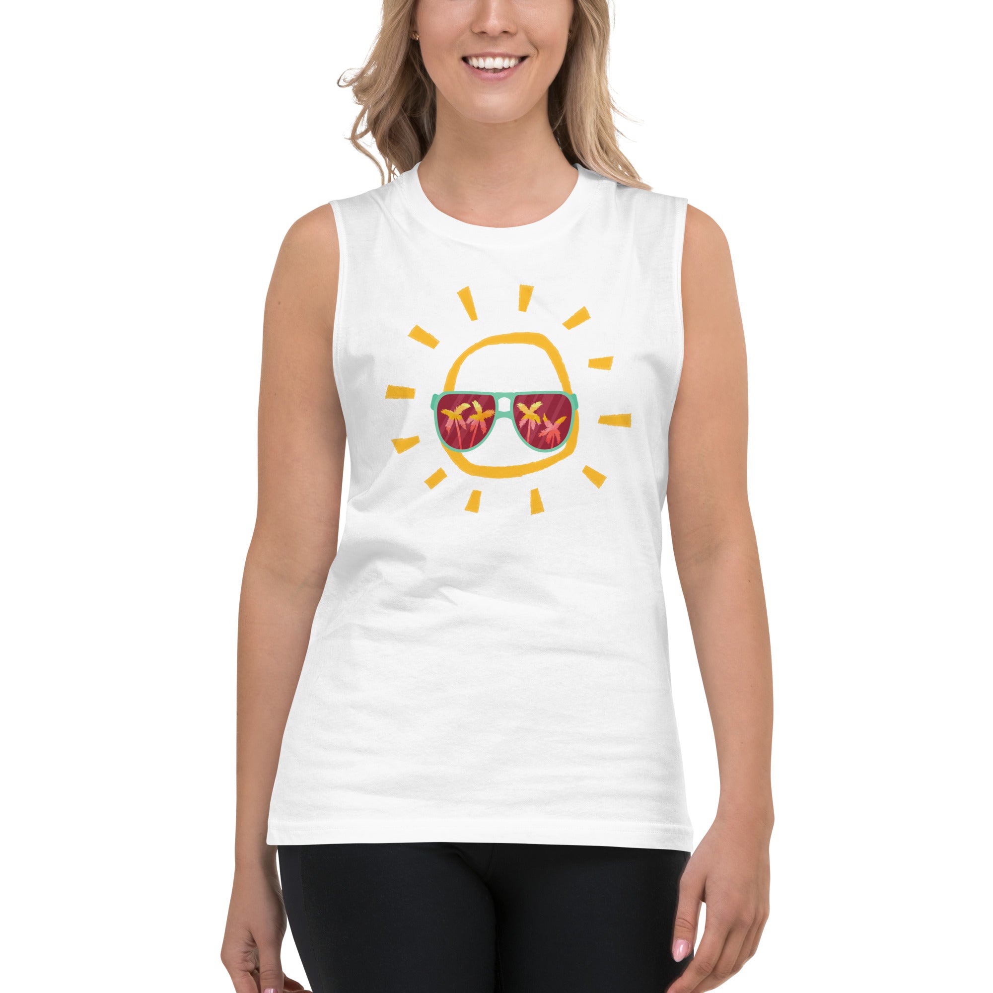 Sunglasses tropical muscle shirt, mens tropical muscle tank,  womens beach muscle tank, white tank