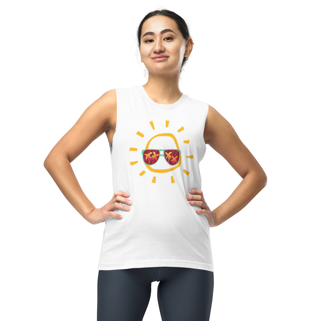 Sunglasses tropical muscle shirt, mens tropical muscle tank,  womens beach muscle tank, white tank