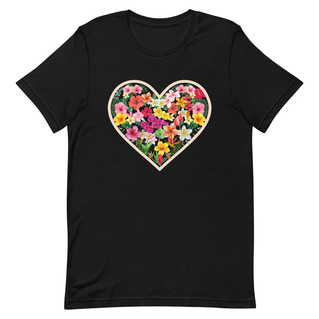 Hawaiian flowers shirt, plumeria shirt, hibiscus shirt, Hawaii floral heart t-shirt, gift for Hawaii lover, gift for flower loverUnisex t-shirt