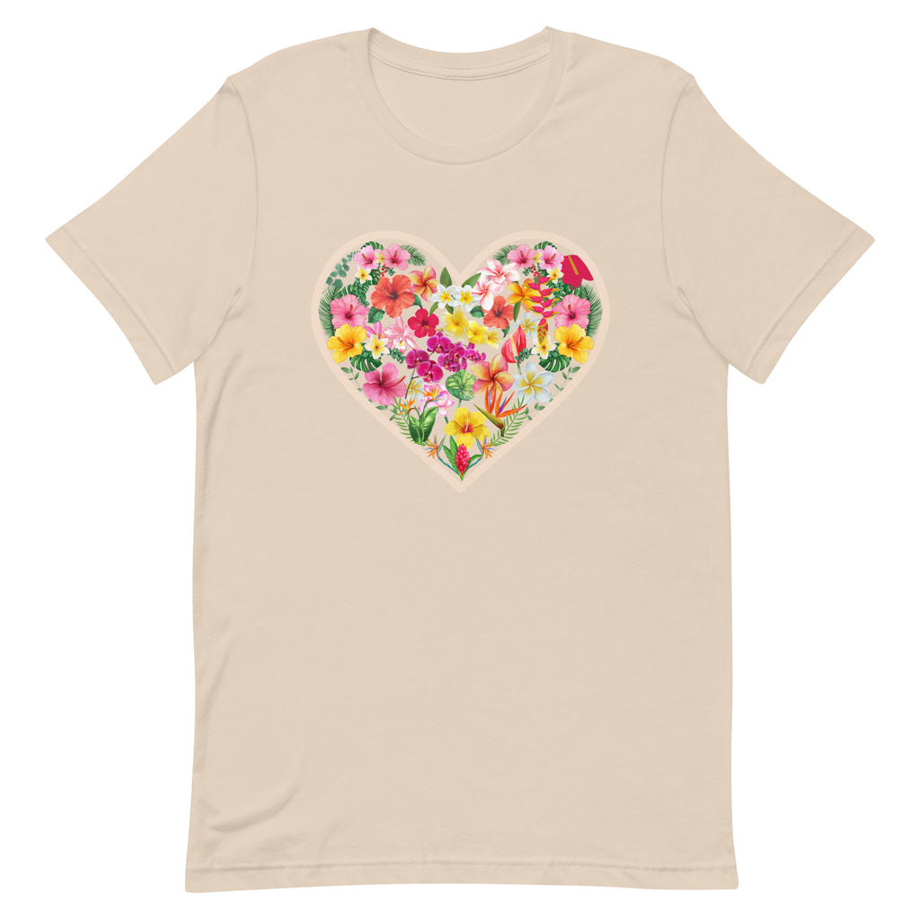 Hawaiian flowers shirt, plumeria shirt, hibiscus shirt, Hawaii floral heart t-shirt, gift for Hawaii lover, gift for flower loverUnisex t-shirt