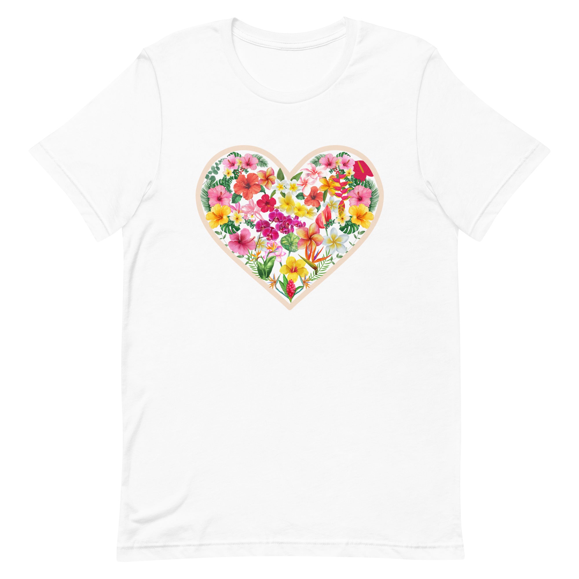 Hawaiian flowers shirt, plumeria shirt, hibiscus shirt, Hawaii floral heart t-shirt, gift for Hawaii lover, gift for flower loverUnisex t-shirt