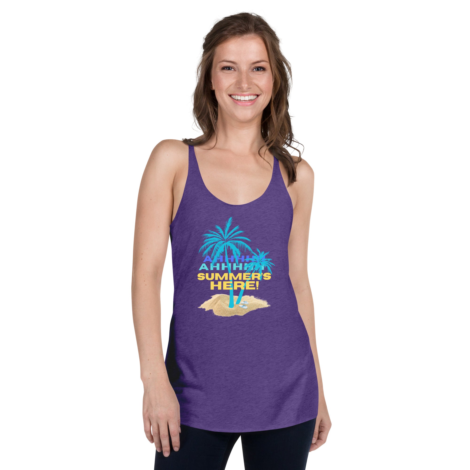 Summers Here Women's Racerback Tank, Tropical beach racerback tank, beach lover gift, runner gift, yoga lover gift