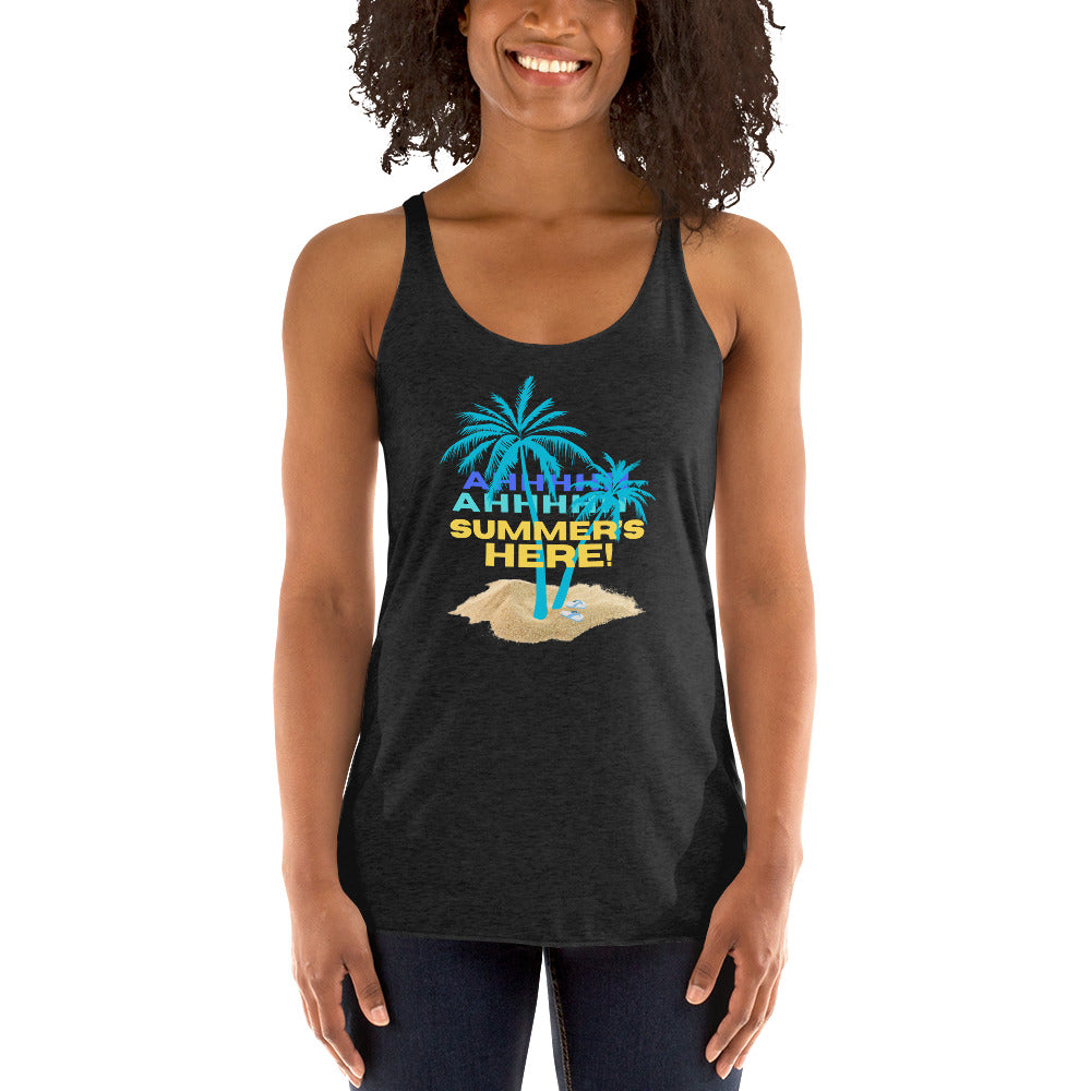 Summers Here Women's Racerback Tank, Tropical beach racerback tank, beach lover gift, runner gift, yoga lover gift